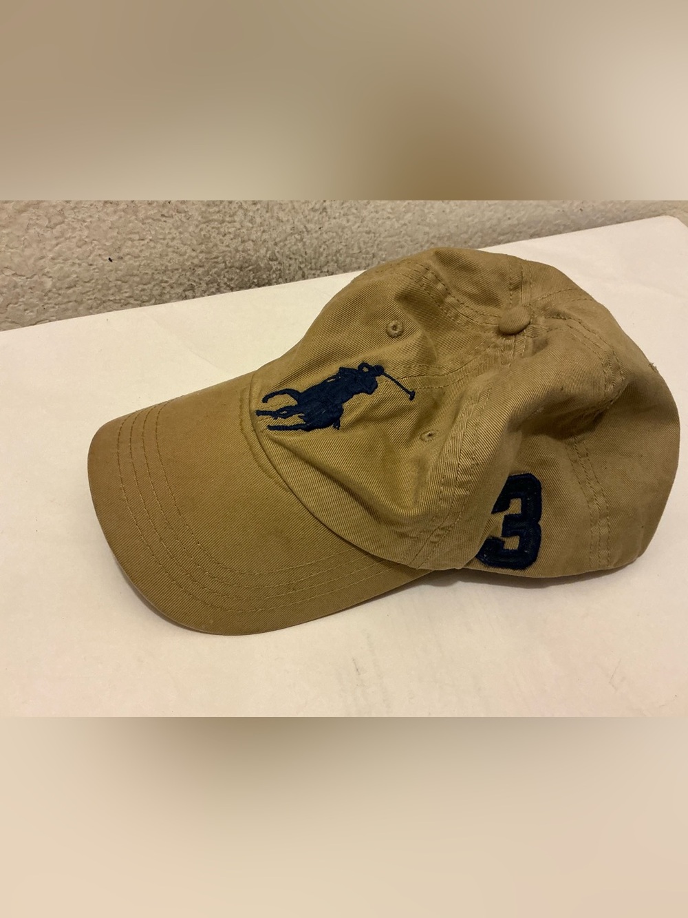 Ralph Lauren tan cap with big pony navy polo player embroidery